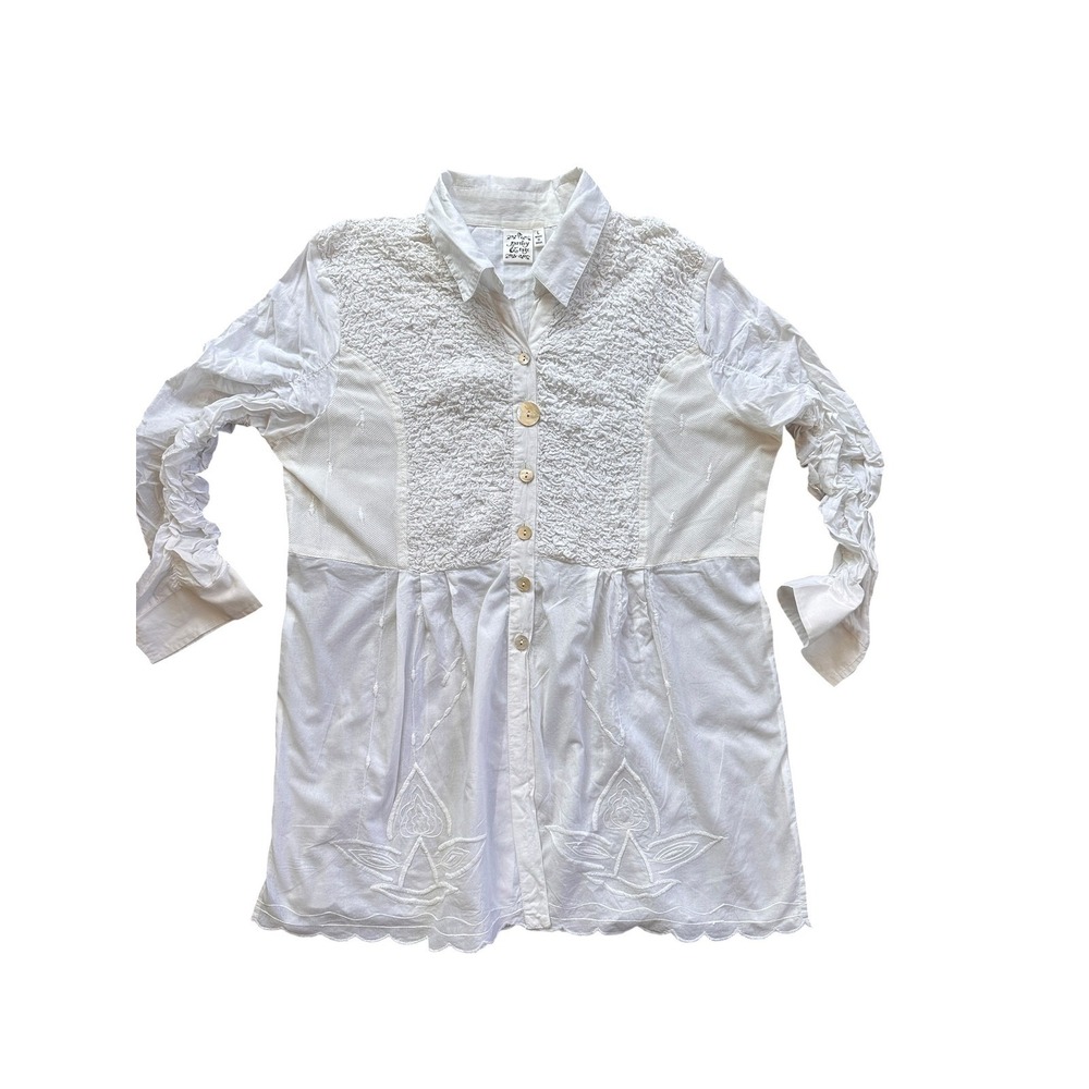 Parsley & Sage Tunic Top Wmns Large White Embroidered Smocked Long Sleeve Button